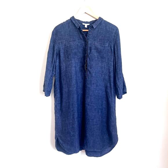 Eileen Fisher Popover Organic Linen Dress Size PM Black Lagenlook Minimal Boxy - Picture 1 of 7